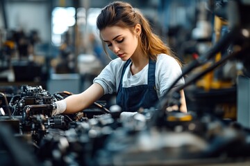 Female Mechanic Working on Machine in Factory