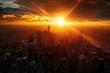 Obraz premium A breathtaking sunset casts a fiery glow over a sprawling cityscape, illuminating skyscrapers in dramatic silhouette.