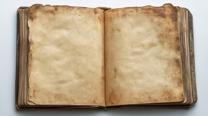 open vintage brown leather bound book with blank pages on white background