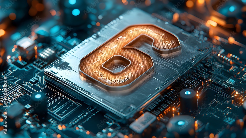 Poster close up view of a futuristic high tech circuit board with a metallic processor chip showcasing the 