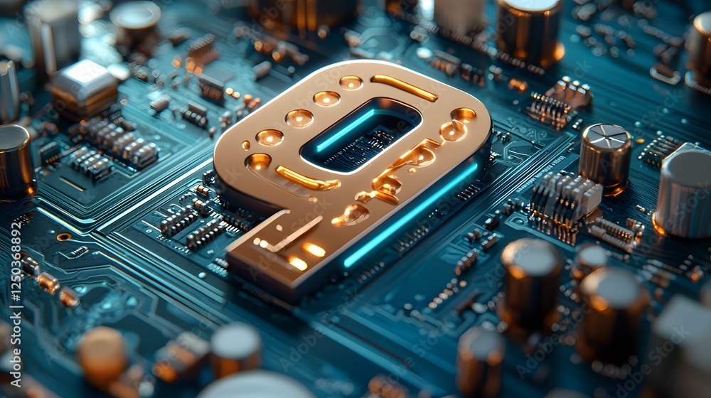 Poster closeup view of a complex circuit board with various electronic components like microchips transisto