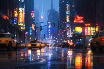 Obraz premium Rainy night in a vibrant city, yellow cabs reflecting neon lights on wet streets.