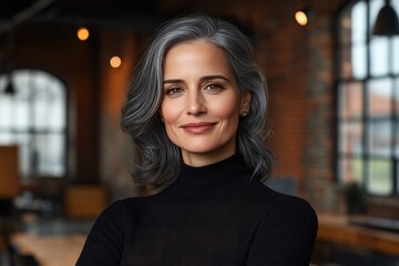 Obraz premium Confident Professional Woman with Gray Hair in Modern Office Setting