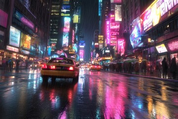 Obraz premium A rainy night in Times Square, NYC, with vibrant neon signs reflected on the wet streets, a yellow cab drives through the scene.