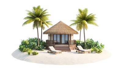 Fototapeta premium Tropical beach bungalow, palm trees, vacation, relaxation, white sand