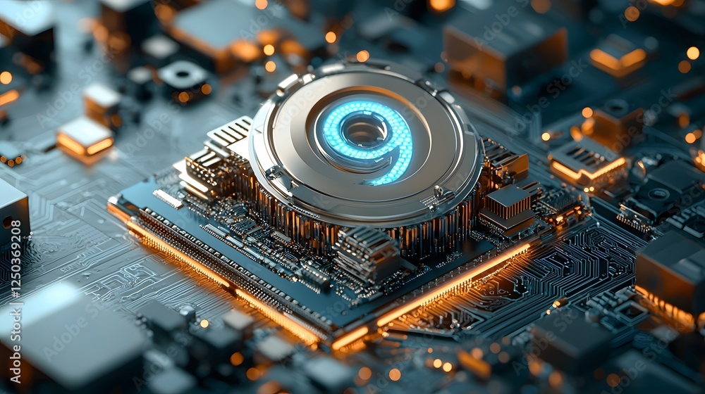 Poster Closeup view of an advanced computer microchip with glowing circuitry and intricate components on a high tech motherboard