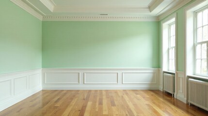 Empty room with pale green walls, white wainscoting, hardwood floor, and large windows
