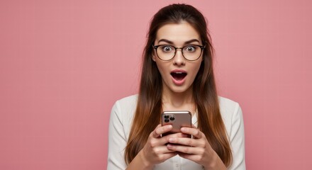 A woman is surprised to see a huge shopping discount on her smartphone.