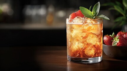 Strawberry cocktail, bar, ice, garnish, drink menu, blurred background