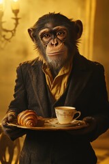 Chimpanzee in Vintage Suit Enjoying Tea and Croissant in Elegant Setting