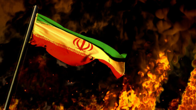 flag of Iran on burning fire backdrop - hard times concept - abstract 3D rendering