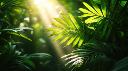 Obraz premium Sunlight Filtering Through Verdant Palm Leaves in a Tropical Setting