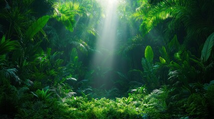 Lush tropical rainforest canopy bathed in ethereal sunlight filtering through leaves