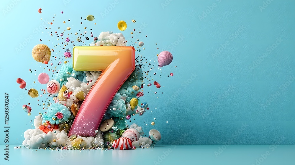 Poster a vibrant and joyful scene featuring a colorful cake with candles surrounded by a flurry of balloons
