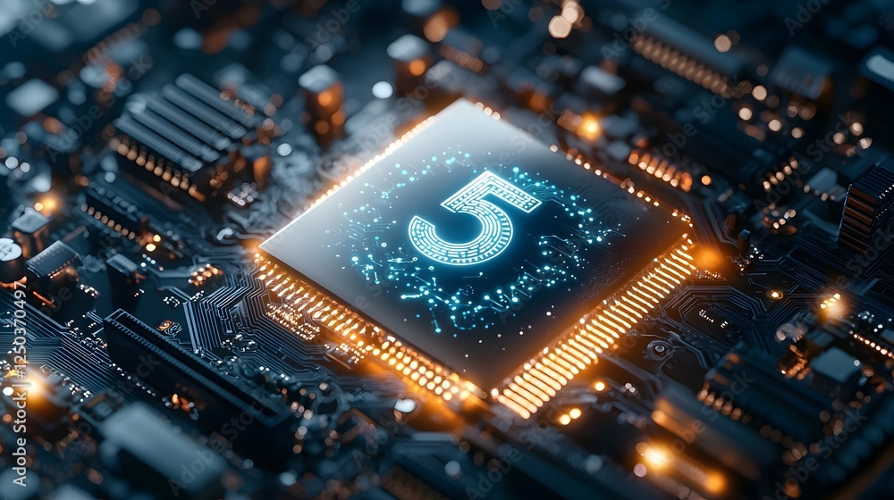 Poster advanced microchip with glowing circuitry on computer motherboard abstract technology background wit