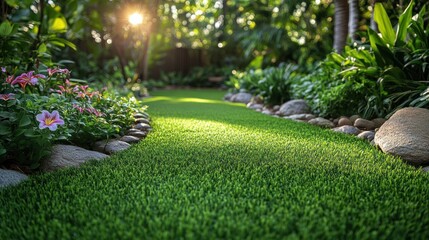 Lush green artificial turf pathway with vibrant floral borders in sunlight