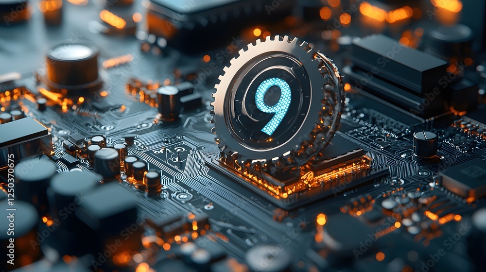 Poster closeup view of an intricate computer circuit board with metallic gears microchips and glowing orang