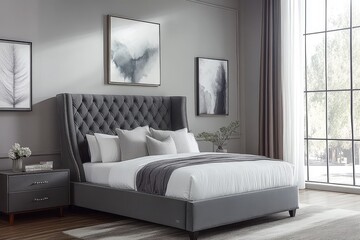 Fototapeta premium Dark gray fabric full-size bed with side storage, footboard, and nailhead-studded straight headboard. Multiple fabric textures and gray fluff accents in an empty bedroom.