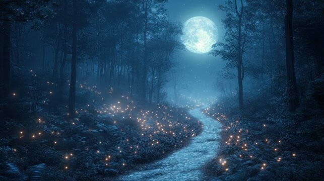 Enchanted Moonlight Path: A mystical journey through the luminous forest
