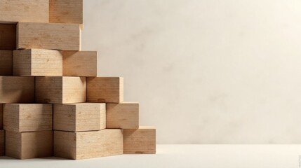 Abstract composition of natural light wooden blocks arranged in an ascending pattern against a neutral background.