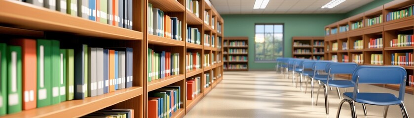 Modern library interior with shelves and chairs.