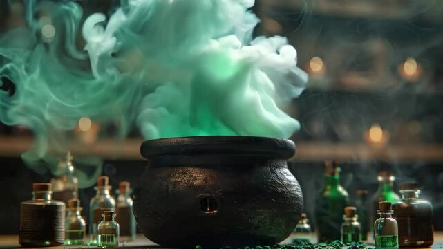 A whimsical cartoon cauldron filled with a bubbling potion, emitting eerie green smoke, symbolizing magical spells and Halloween celebrations.