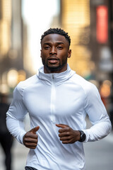 Obraz premium Confident Young Man Running in Urban Setting Wearing White Activewear
