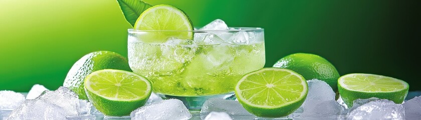 Refreshing lime drink with icy cubes and limes.