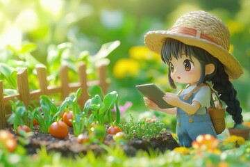 A cute anime girl farmer uses a tablet to monitor her thriving tomato plants in a sunny garden.