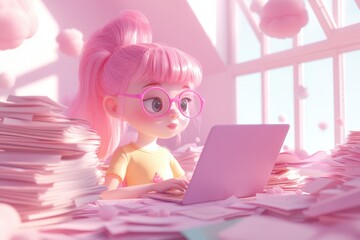 A cute cartoon girl with pink hair works on her laptop surrounded by pink papers in a pastel room.