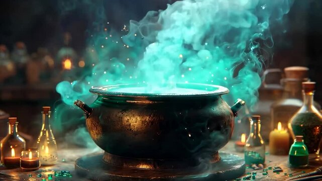 A whimsical cartoon cauldron filled with a bubbling potion, emitting eerie green smoke, symbolizing magical spells and Halloween celebrations.