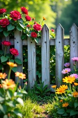 Vibrant red roses blooming profusely along a rustic weathered wooden fence, surrounded by a cheerful array of bright orange and purple wildflowers in a lush garden setting.