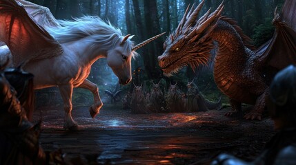 Obraz premium Majestic unicorn confronts fierce dragon in enchanted forest, with warriors observing the standoff