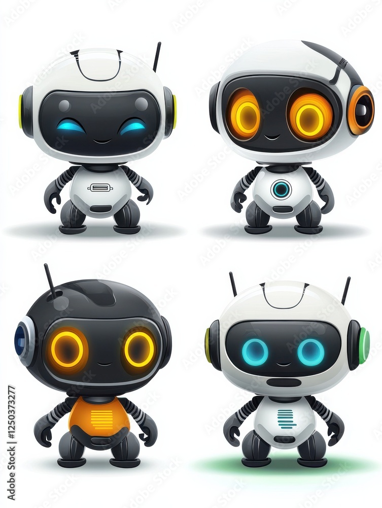 Poster cute chatbots. robot assistant, chatter bot, helper chatbot vector cartoon characters