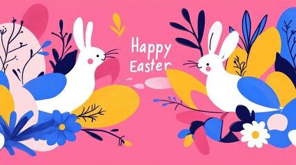 Colorful Easter Greeting with Playful Rabbits and Floral Design on Pink Background