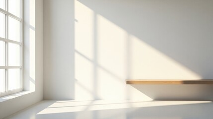 Bright Sunlight Illuminates Empty Room with Simple Wooden Shelf and Large Window