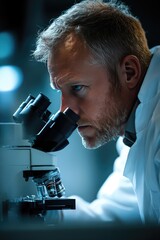 Scientist Closely Observing Samples Through Microscope in Laboratory Setting