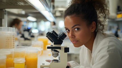 Young Scientist Examining Samples through Microscope in Modern Laboratory Setting