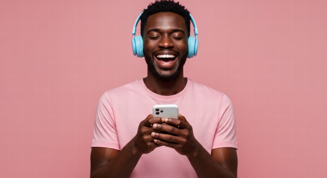 A happy African American man listening to music on his smartphone
