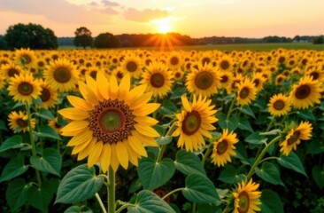 Obraz premium A breathtaking view of yellow sunflowers in the rays of sunlight. Ukraine agrarian region, Europe. Ecology concept. Industry of agronomy. Photo wallpaper. Image of cultivation land. Beauty of earth.