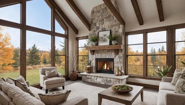 A cozy model home featuring a crackling fireplace, wooden beams, and oversized windows that invite nature’s serenity inside.
