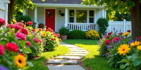 Vibrant Flowerbeds Leading to a Charming Suburban Home with a Red Door and White Fence