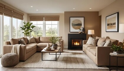 Fototapeta premium Feel at home in a model house exuding comfort—soft textures, earthy tones, and a warm ambiance that wraps you like a hug. 