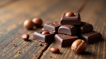 Aromatic Dark Chocolate Squares with Whole Roasted Nuts on Rustic Wooden Surface