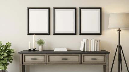 Wall art mockup featuring three empty frames on a stylish console table, surrounded by decorative items and plants. Perfect for interior design projects. Template.