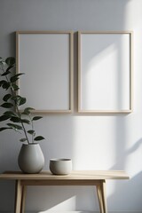 Wall art poster mockup featuring two empty frames on a stylish wooden table, complemented by minimalist decor, potted plants, and natural light. Ready to use template.