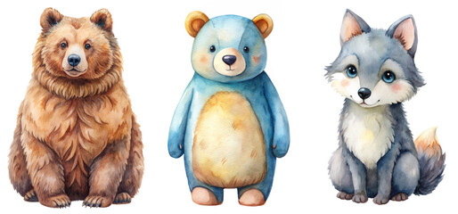 Fototapeta premium Cute animal illustrations, watercolor style, bear and wolf characters, children's art, playful design, nature theme.