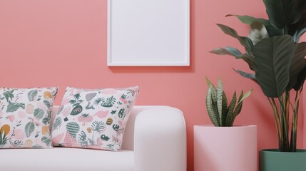 Wall art poster mockup in a modern living room featuring a sleek white sofa with decorative pillows, vibrant plants, and a minimalist pink backdrop. Home decor template.