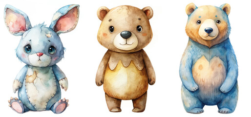 Cute animal illustrations, watercolor style, bunny and bear characters, playful design, children's art, nursery decor.