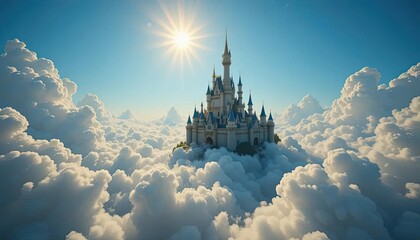 A magnificent castle hovers weightlessly among dreamy, fluffy clouds under a brilliant blue sky, bathed in the soft, golden glow of sunlight.
